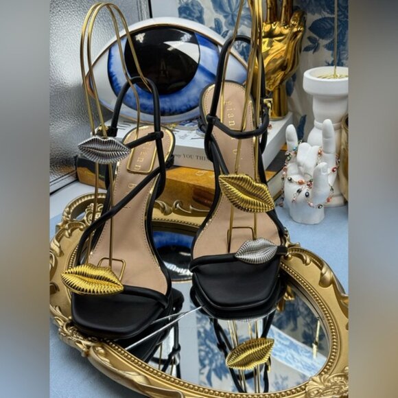 🆕 GIANNI BINI 🧿 NWOB Carletta Lip Ornamented Sandals, Black Leather, Sz 7 - Picture 9 of 16